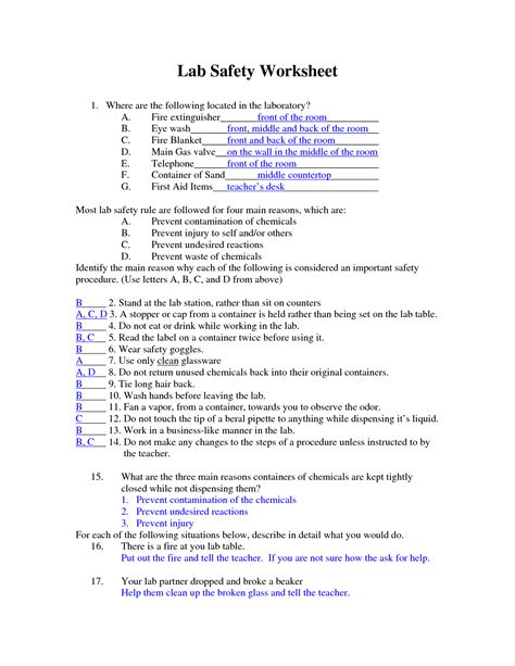 lab safety worksheet answers quizlet